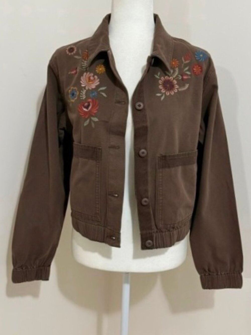 Driftwood Brown Floral Embroidered Utility Jacket Boho Military Field Med NWT